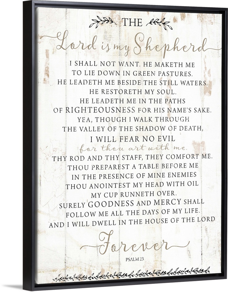 Psalm 23 on a white shiplap wood background.