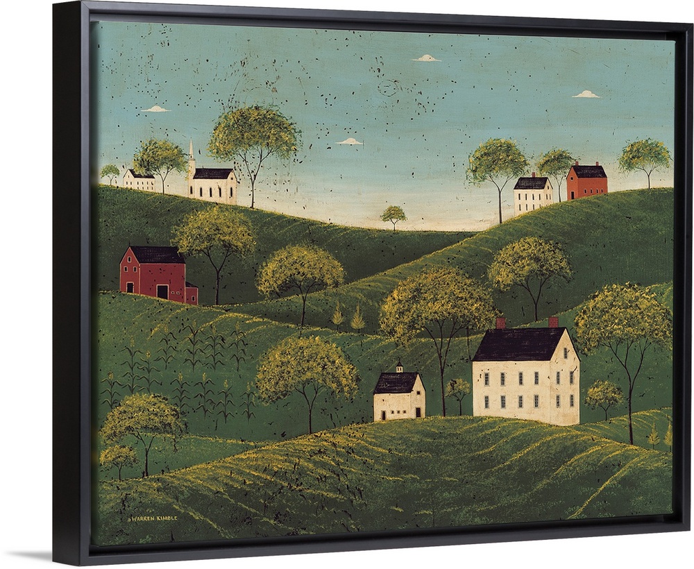 This rustic folk art painting shows Georgian Colonial farmhouses perched on hilltops in the middle of stylized farmland.