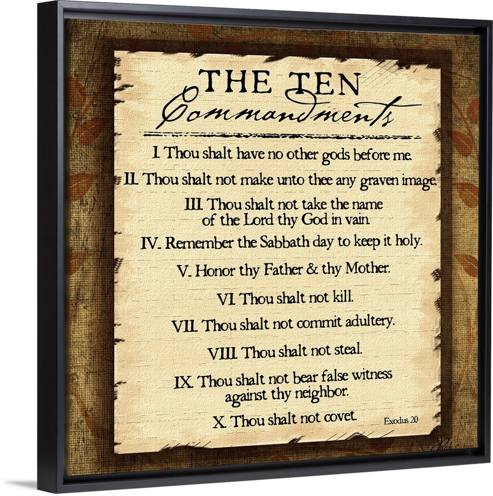 This large square piece lists the ten commandments with a decorative border around them.
