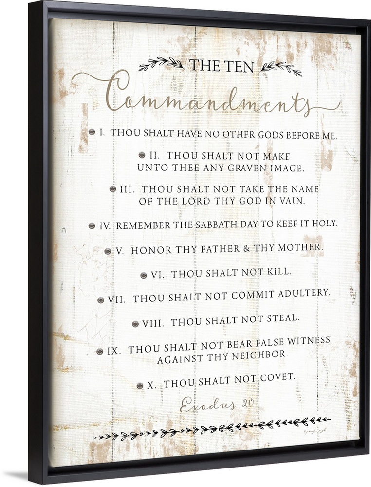 The Ten Commandments on a white shiplap wood background.