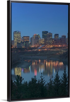 Alberta, Edmonton, Downtown Skyline, Evening from above North Saskatchewan River