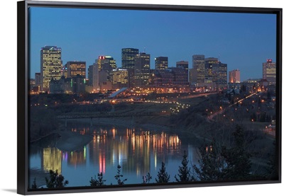 Alberta, Edmonton, Downtown Skyline, Evening from above North Saskatchewan River