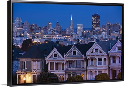 California, San Francisco, The Haight, houses at Alamo Square, dusk
