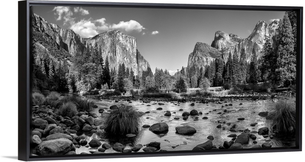 USA, California, Yosemite National Park, Panoramic view of Merced River, El Capitan, and Cathedral Rocks in Yosemite Valley