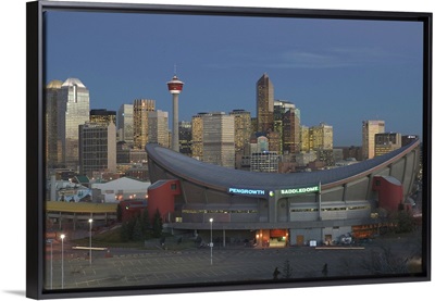 Canada, Alberta, Calgary, City Skyline from Ramsay Area, Dawn with Saddledome