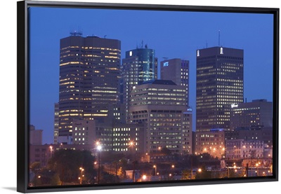 Canada, Manitoba, Winnipeg, Downtown Highrises from The Forks Area, Dawn