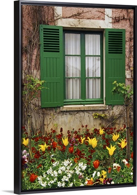 Green Shutters With A Beautiful Flowerbed Accent At Monet'S House In Giverny, France