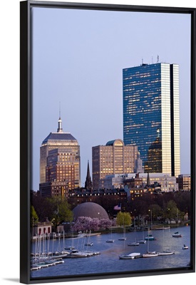 Massachusetts, Boston. Back Bay and John Hancock Building from Longfellow Bridge, dusk