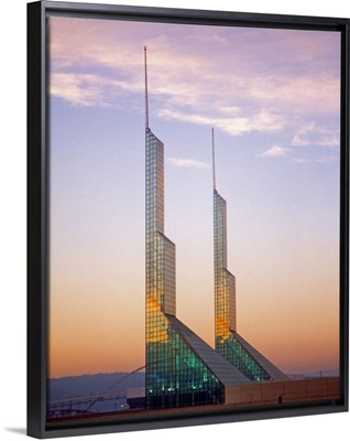 Oregon, Portland. Evening light on glass towers of the Oregon Convention Center