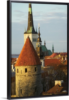 Tallinn cityscape dominated by St. Olaf's Church and city wall towers, Estonia