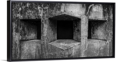 Washington State, Fort Flagler State Park, Black And White Detail Of Gun Ports In Wall