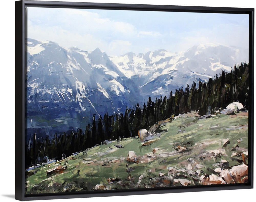 Contemporary palette knife painting of a green valley under a blue sky in the Colorado Rocky Mountains.