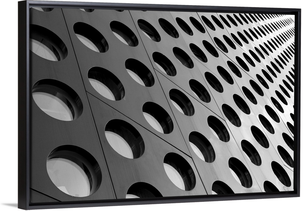 Black and white dotted architecture abstract with perspective.