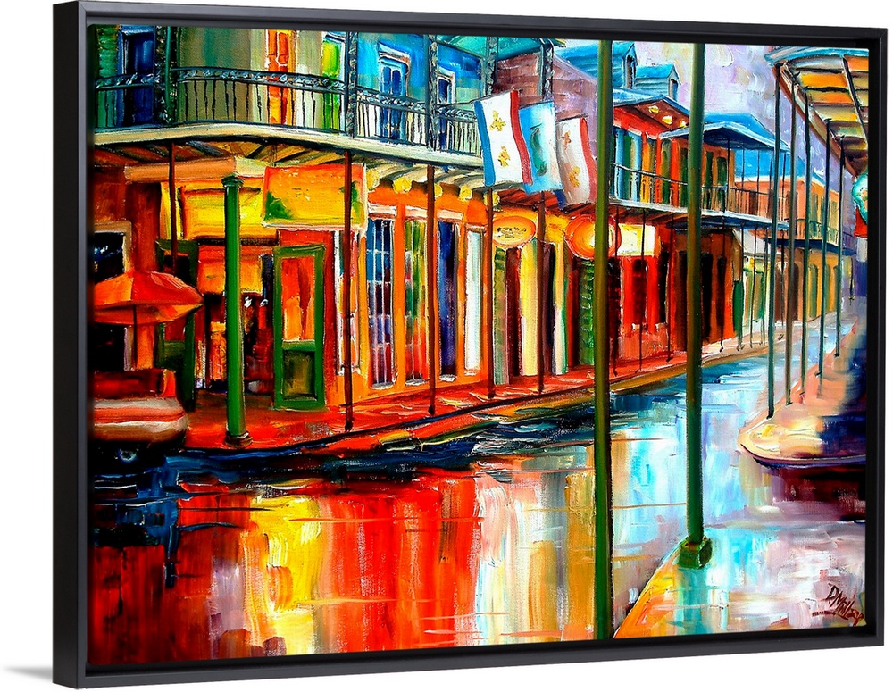 Boldly colored contemporary painting of historic park in French Quarter of New Orleans.  Shops line the wet streets with b...