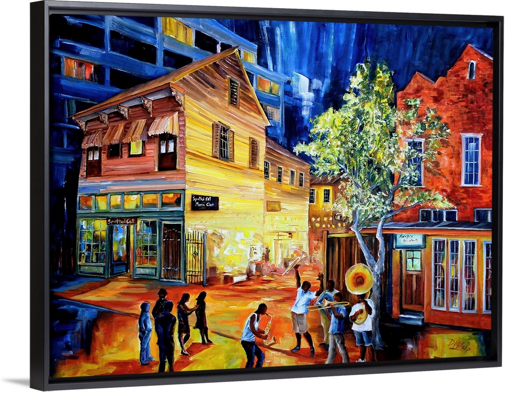 Vibrant contemporary painting of iconic landmarks in New Orleans in bright colors.