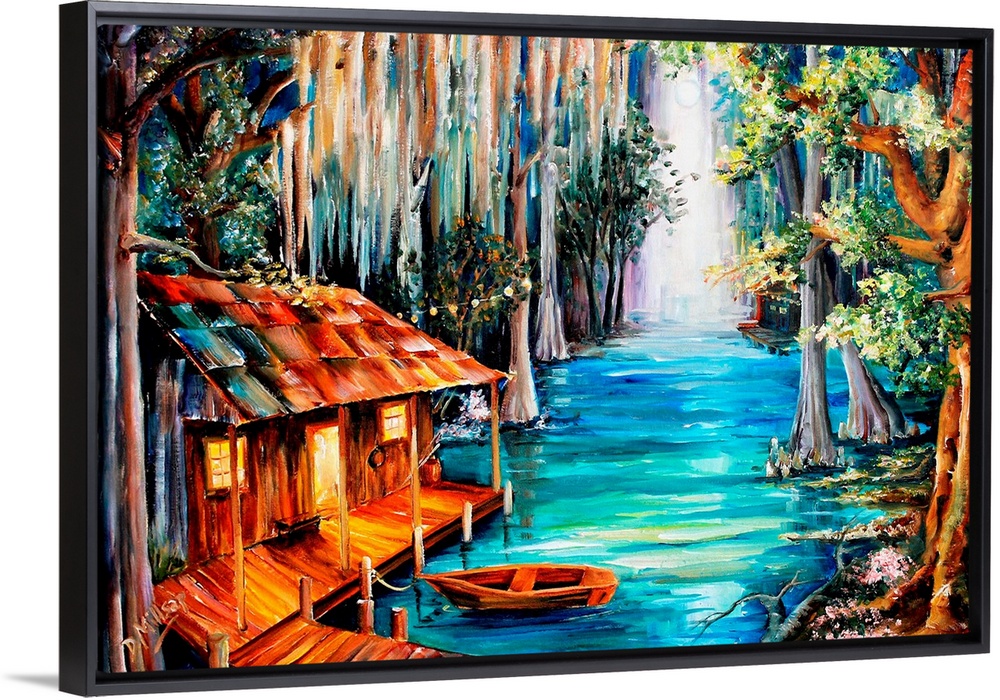 Vibrant contemporary painting of iconic landmarks in New Orleans in bright colors.