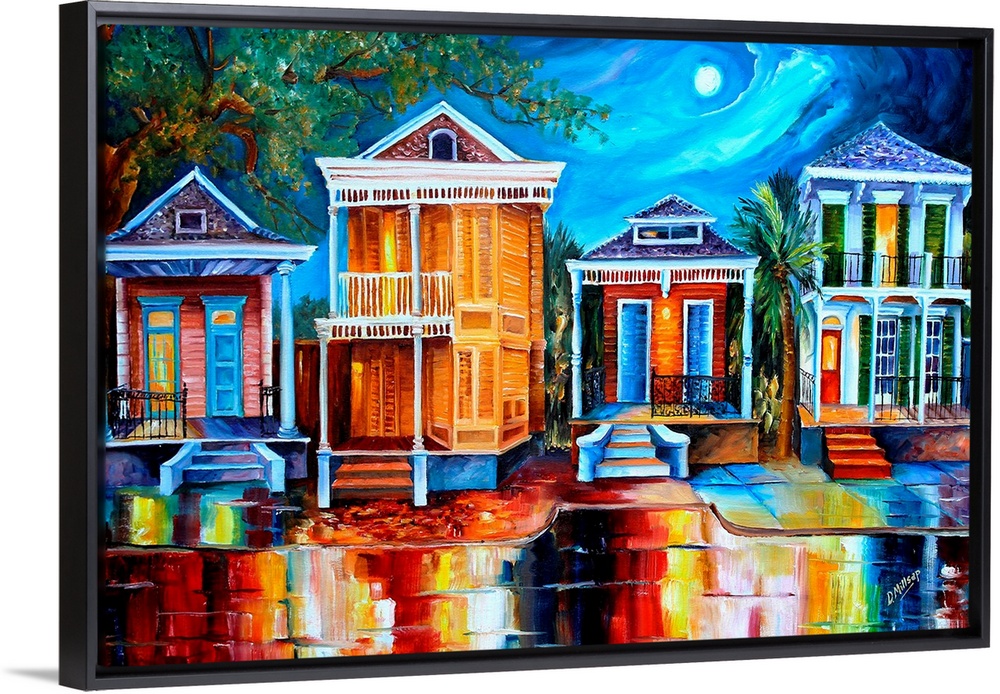 This contemporary nighttime scene features a row of historic shotgun houses in New Orleans. The bright colors of the house...