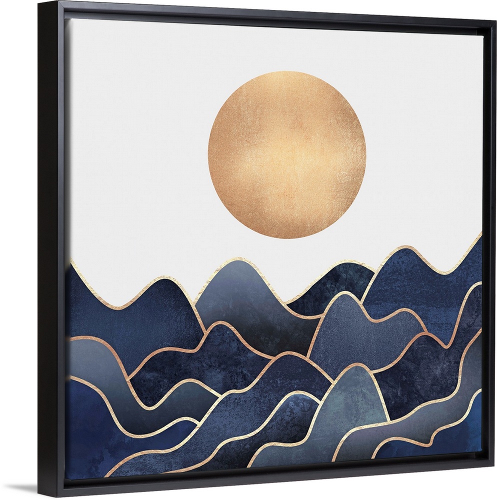 Overlapping, organic trianglular shapes in shades ofblue and indigo outlined in gold, representing a series of mountains u...