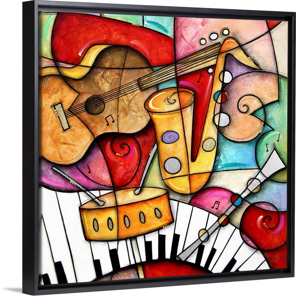 Square artwork on a giant canvas of a grouping of illustrated jazz instruments, including the saxophone, snare drum, bass ...