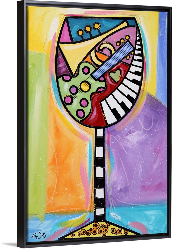 Giant, vertical contemporary painting of a large wine glass full of colorful shapes and musical instruments such as a guit...