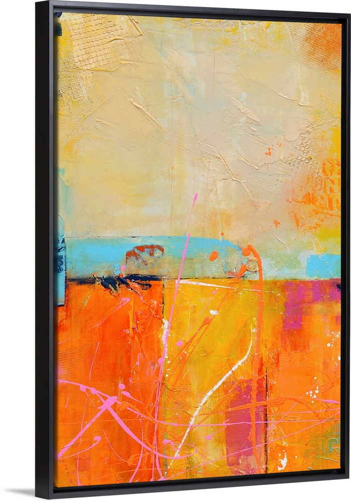 A vertical abstract painting that has a candy color palate with layered textures and colors divided into sections.