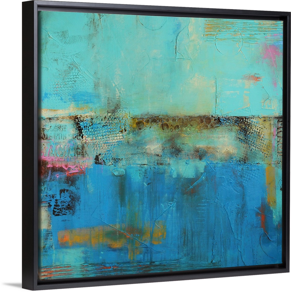 Contemporary abstract, square shaped wall art with collaged textures and unusual brushstrokes.