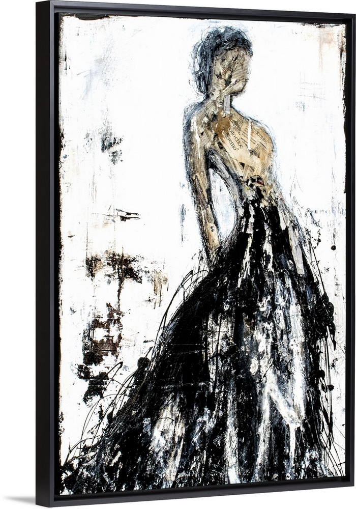 Abstract painting of a faceless woman in a long black gown with a tan body created with cut up pieces of paper, all on a d...