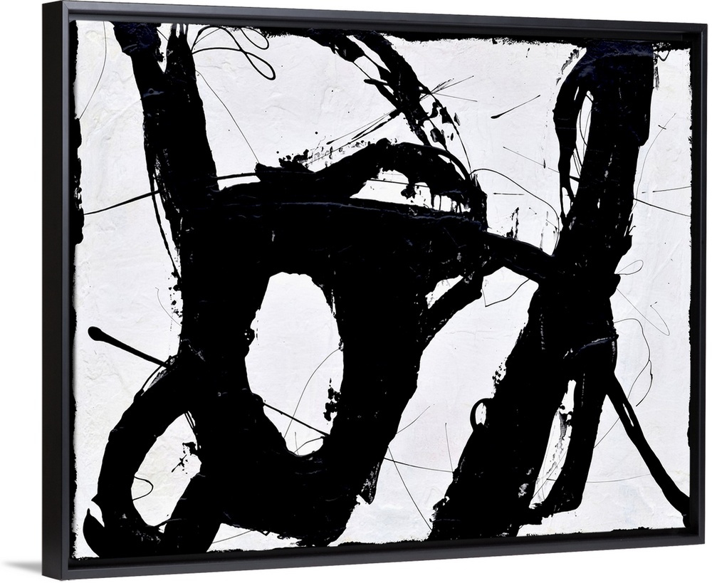 A contemporary abstract painting of bold black lines swirling against a white background.