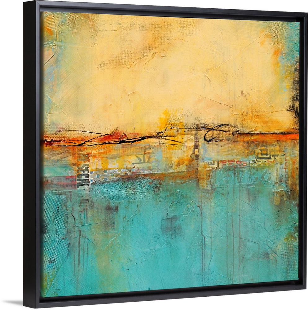 A contemporary abstract painting with cool colors accented with warm, earthy tones.