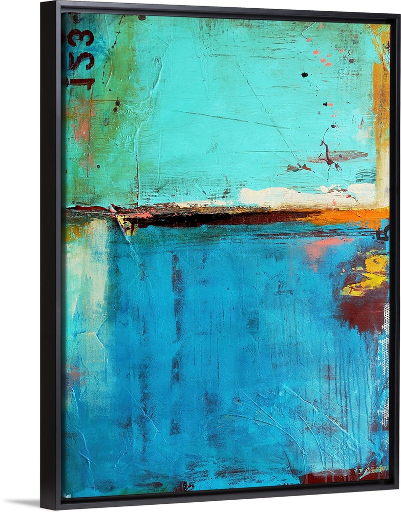 A contemporary abstract painting of grungy paint textures and numbers.