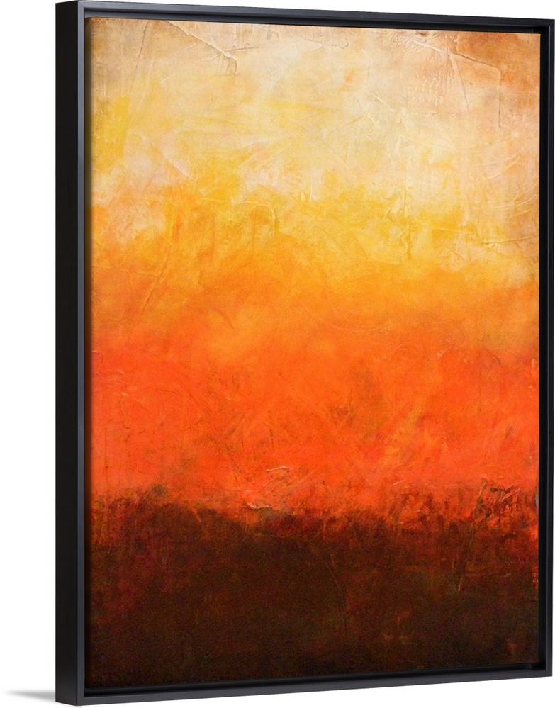 Vertical, abstract artwork created with different shades of color and textures suggesting a brilliant beach sunset.