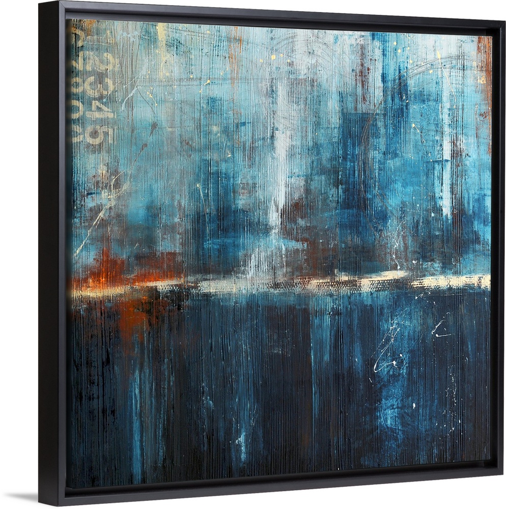 Abstract canvas art of cool tones with heavy brush textures.