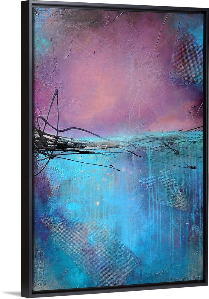 A vertical abstract painting created with layers and textures of paint. The shift in color in the center of the painting a...