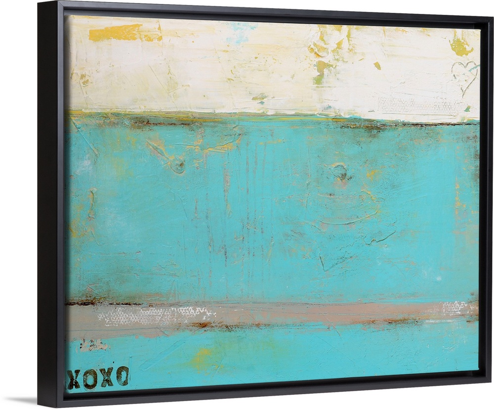 This abstract painting is filled with distressed textures and two romantic details: the letters oxoxoo on the bottom left ...