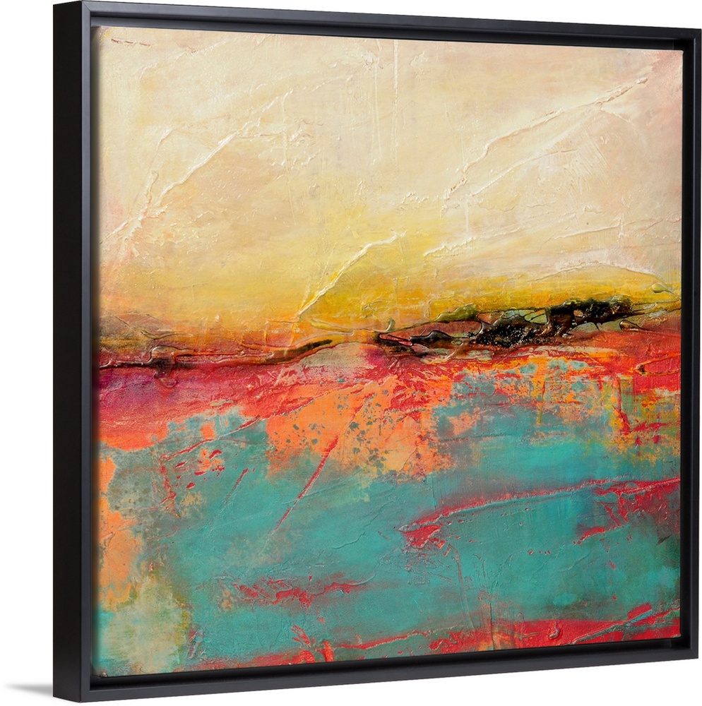 Vibrantly colored square abstract wall art with heavy paint textures.