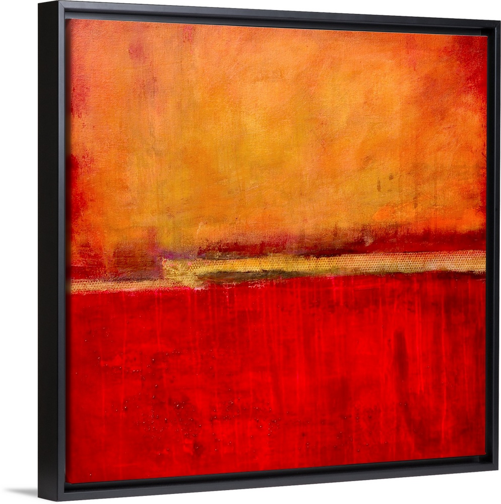 Square abstract artwork in fiery red and orange tones with simple, bold areas of color, resembling a bright sunset.