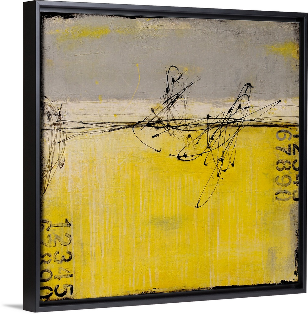 A contemporary abstract painting using gray and yellow with stenciled numbers and thin dark black swirling lines.