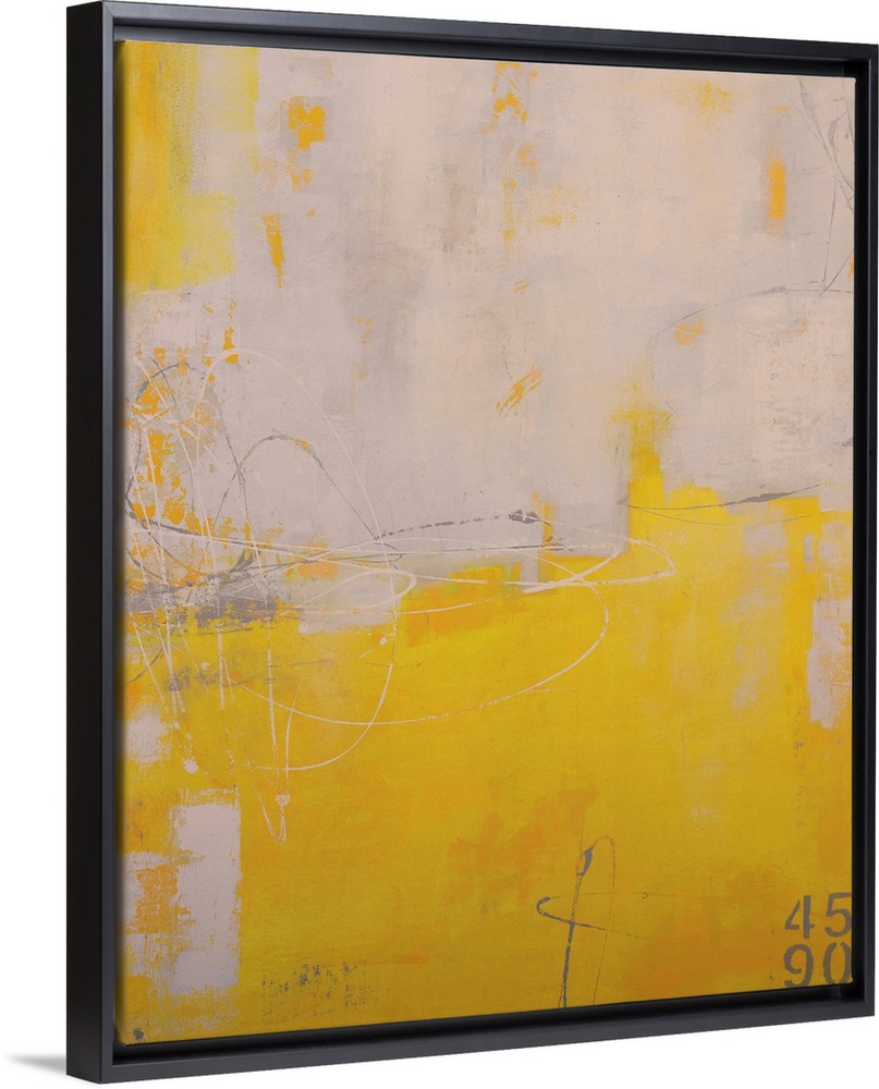 Vertical abstract art work of contrasting paint colors dominating the painting.