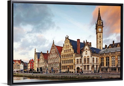 Belgium, Flanders, Benelux, Ghent, Leie River and guild houses, Graslei Street