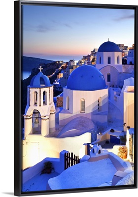 Greece, Aegean islands, Cyclades, Santorini island, church in Oia village at dusk