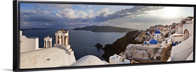 Greece, Santorini island, Oia village, typical church bells overlooking the sea