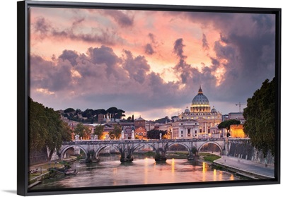 Italy, Latium, Tevere, Rome, Sunset Over Saint Peter's Basilica And The Tiber River