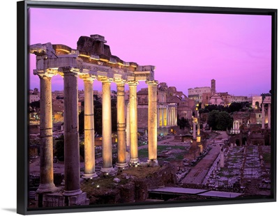Italy, Rome, Roman Forum, and Coliseum, night illuminated