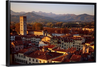 Italy, Tuscany, Lucca, View across the city at sunset