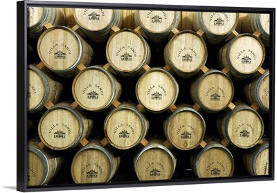 Italy, Veneto, Valdobbiadene, Barrels of wine at the Villa Sandi wine outlet, Zecchei