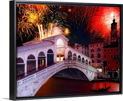 Italy, Venice, Canal Grande and Rialto bridge, fireworks