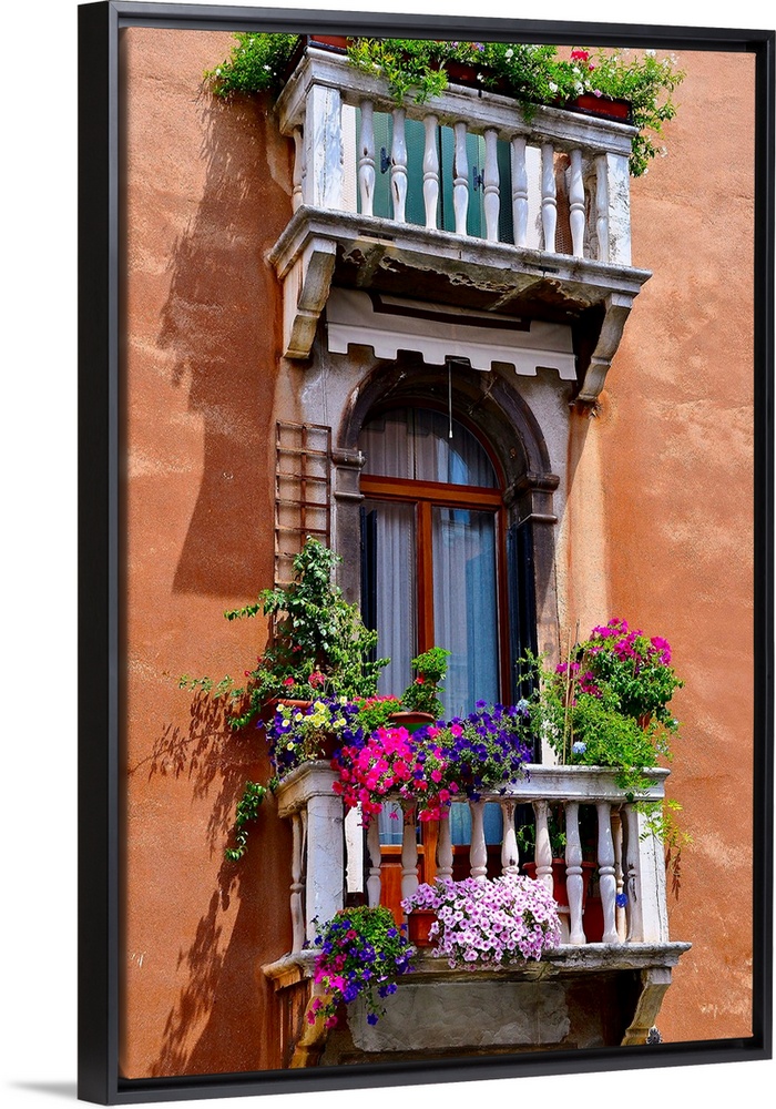 Italy, Venice, window with colorful window boxes.