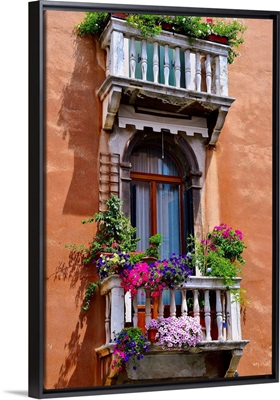 Italy, Venice, window with colorful window boxes.