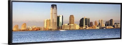 New York City, Manhattan, Jersey Skyline at dawn, view from South Cove Park