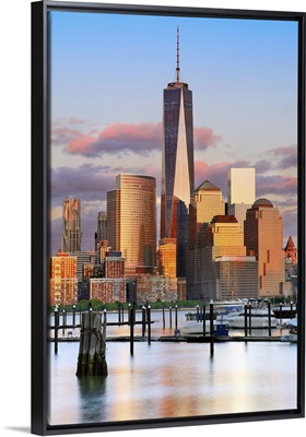 New York City, Manhattan, One World Trade Center, Freedom Tower, City skyline at sunset